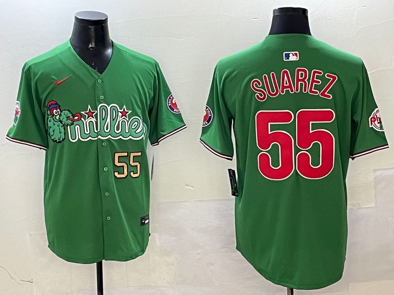 Men Philadelphia Phillies #55 Suarez Green Three generations Joint Name Game 2025 Nike MLB Jersey style 3